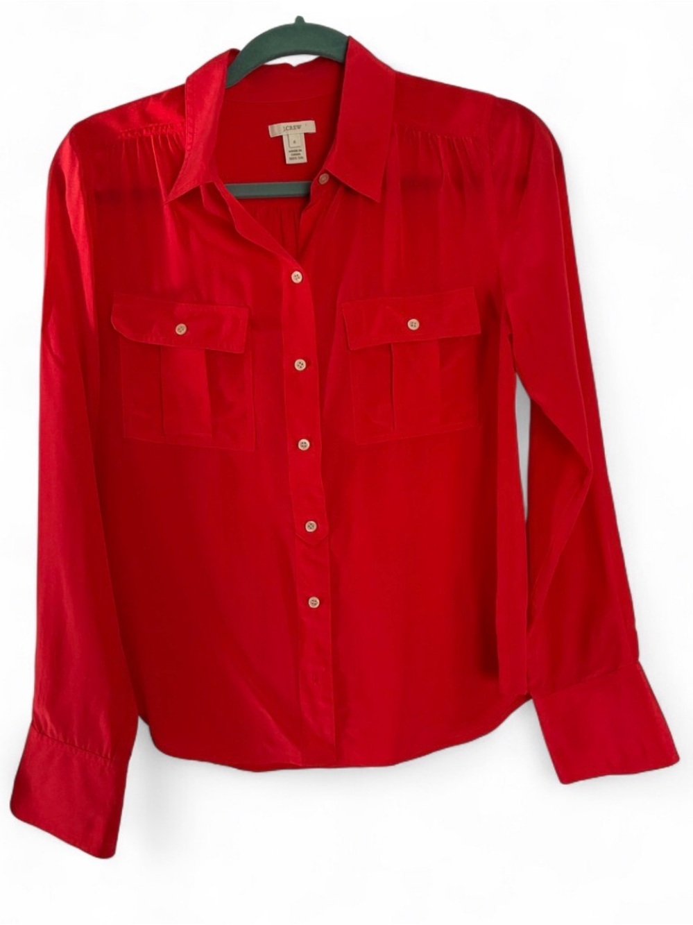 J. Crew Vibrant True Red 100 Silk Button-Down Blythe Blouse